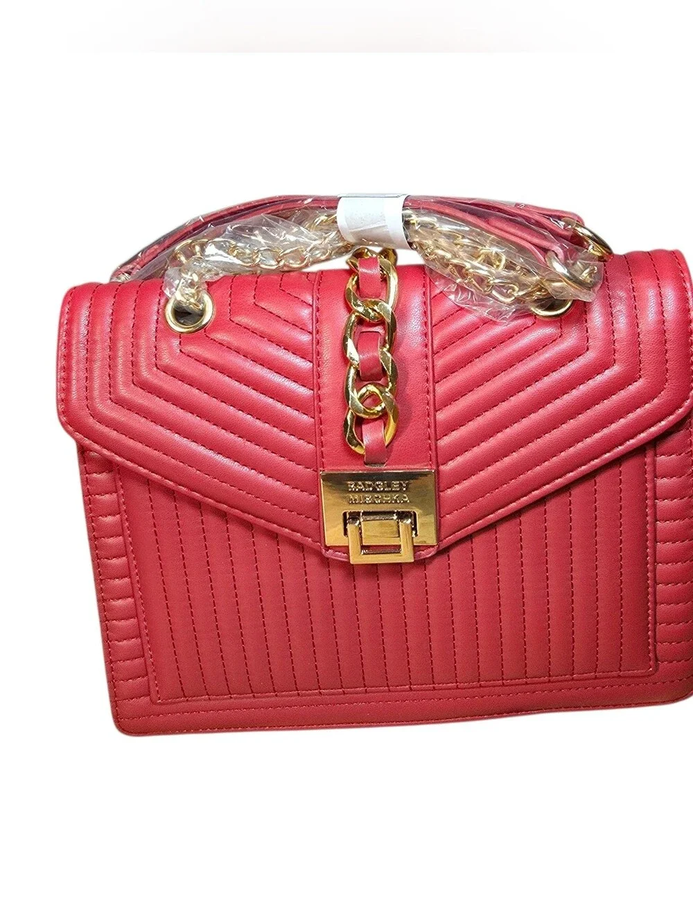 Badgley Mischka Bag Red Quilted Chain-Accent Shoulder Bag Vegan Leather NWT
